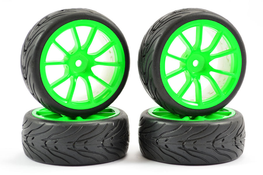 1/10th Street/Tread Tyres 10SP Neon Green Wheels - Set of 4