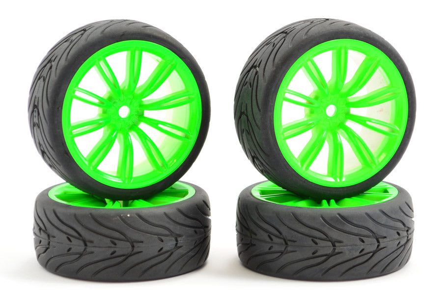 1/10th Street/Tread Tyres 20SP Green Wheels - Set of 4