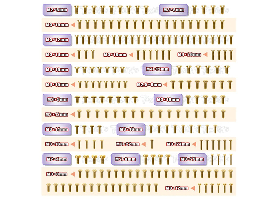 Gold Plated Steel Screw Set for Mugen MBX8R - 210pcs