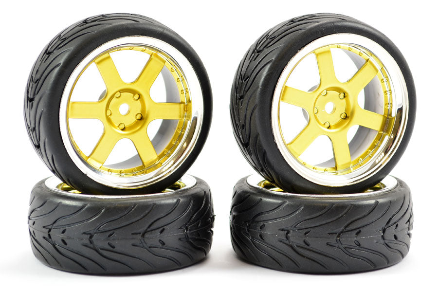Street/Tread 1/10th On Road 6 Spoke Wheels & Tyres Gold/Chrome - Set of 4