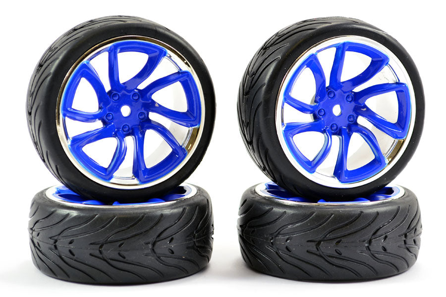 1/10th On Road Street/Tread Tyres Blue/Chrome Wheels - Set of 4