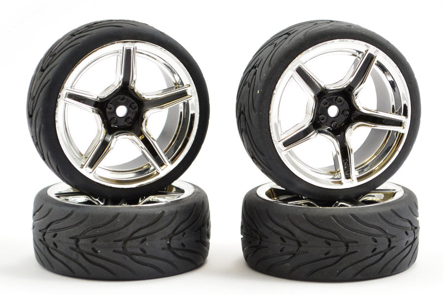 1/10th On Road Street/Tread Tyre 5SP Black/Chrome Wheels - Set of 4