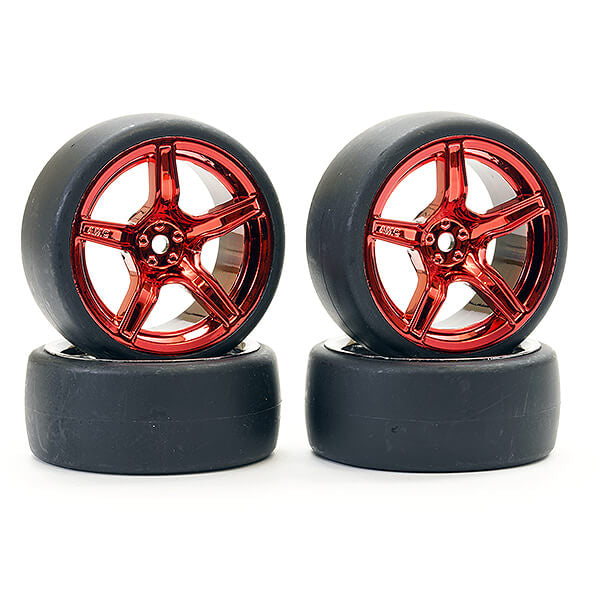 Drift D1 Tyre w/3mm 5-Spoke Wheel Metallic Red - Set of 4